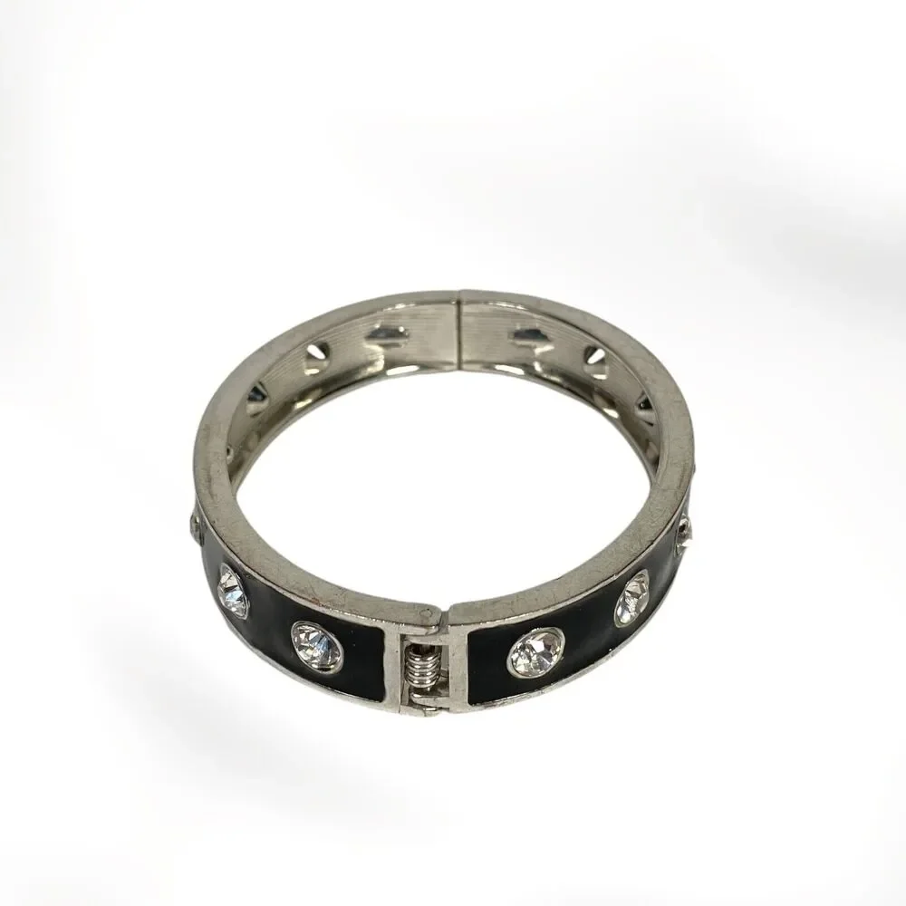 VTG Enamel Rhinestone Studded Bracelet Black Silver Tone Hinged Bangle Clamper